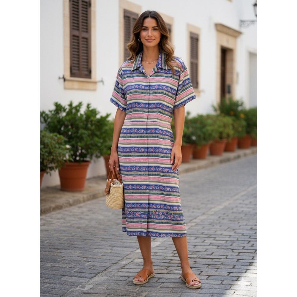 Vintage Talbots 100% Silk Button Up Dress Pink Blue Striped Floral sz 8 Bohemian